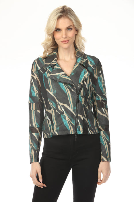 Woman wearing a patterned moto jacket with zipper front and long sleeves from OO LA LA