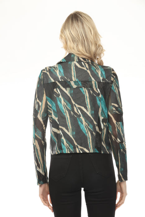 OO LA LA Teal Cracked Ice Foiled Reptile Zip Moto Jacket M9052