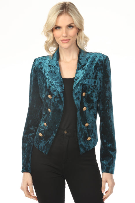 Woman wearing a teal velvet blazer with open front and gold double breast button accent from OO LA LA