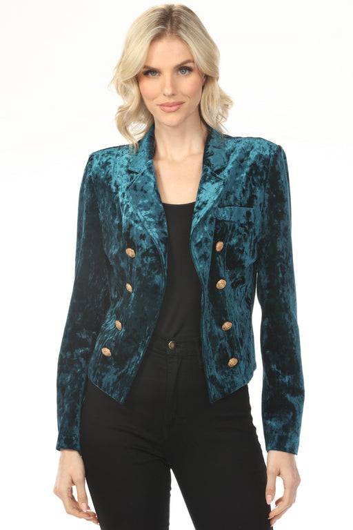 Woman wearing a teal velvet blazer with open front and gold double breast button accent from OO LA LA