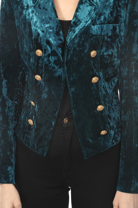 OO LA LA Teal Double Breast Open Front Velvet Blazer M7511