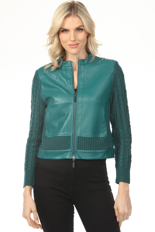 Woman wearing a teal faux leather and knit bomber jacket with zip front and pockets from OO LA LA