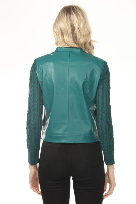 OO LA LA Teal Pleather/Knit Cord Sleeves Zip Bomber Jacket M9023