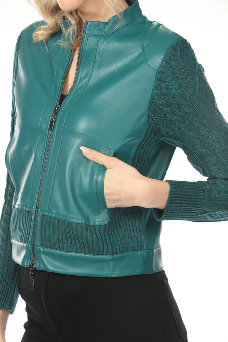 OO LA LA Teal Pleather/Knit Cord Sleeves Zip Bomber Jacket M9023
