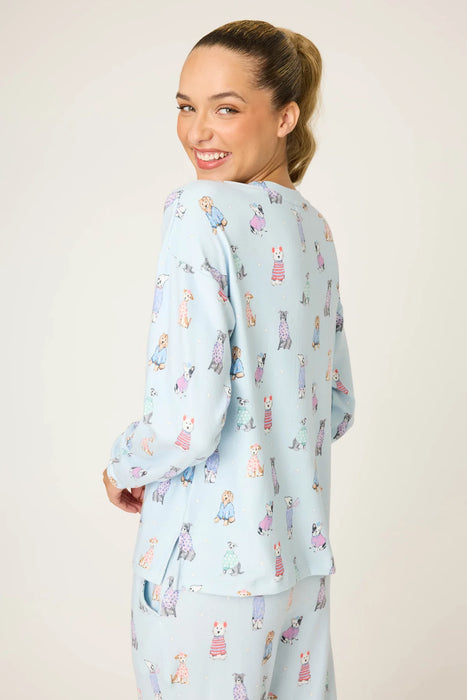 PJ Salvage Blue Haze Doggone Cold Dog Print Pointelle Long Sleeve Top RUDCLS