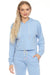Woman wearing a light blue crop hoodie with drawstring and long sleeves