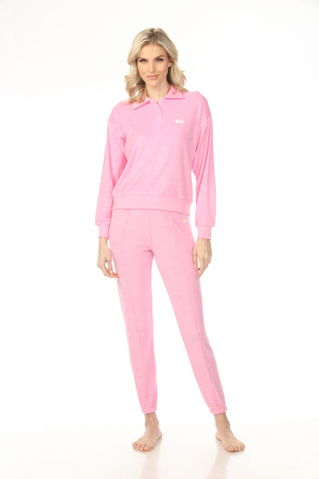 Woman wearing pink matching pickleball loungewear from PJ Salvage