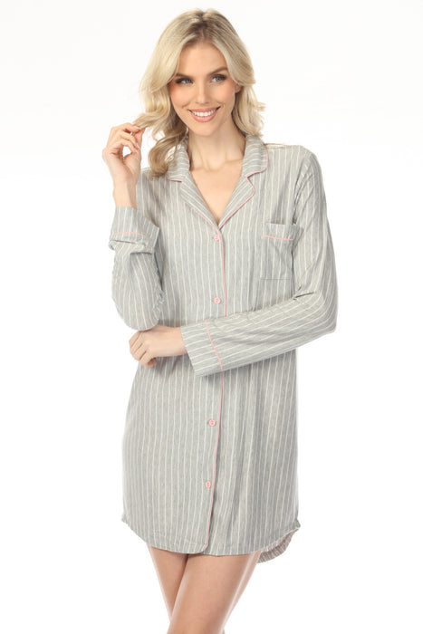 Woman wearing a striped button down  nightshirt with long sleeves from PJ Salvage