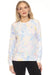Woman wearing a lounge top with pained floral print in pastel hues and long sleeves