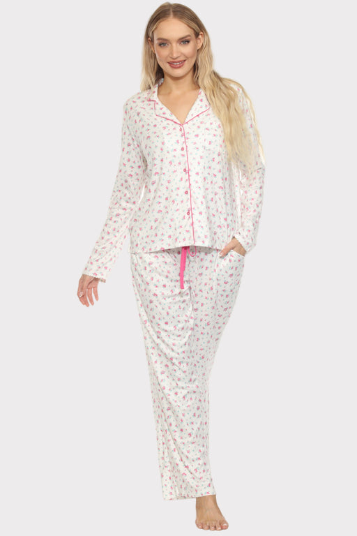 Woman wearing a white floral pajama set from PJ Salvage