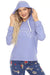 Woman wearing a purple hoodie with 'It's a wineful life' text graphic at the front and long raglan sleeves