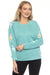Woman wearing a sea green pullover French terry sweatshirt with gradient lightning bolt graphic on the sleeves