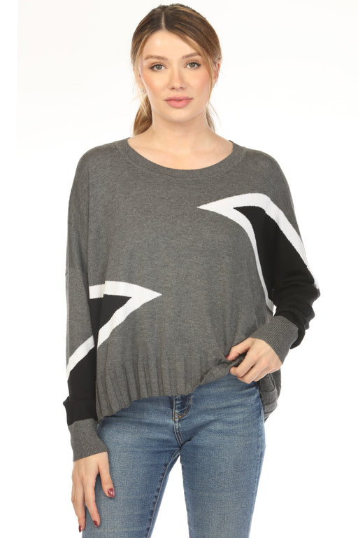 Woman wearing a gray tri-color sweater top with triangle patterns and crew neck from Planet by Lauren G