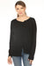 Woman wearing a black sweater top with cutout details and boat neck from Planet by Lauren G