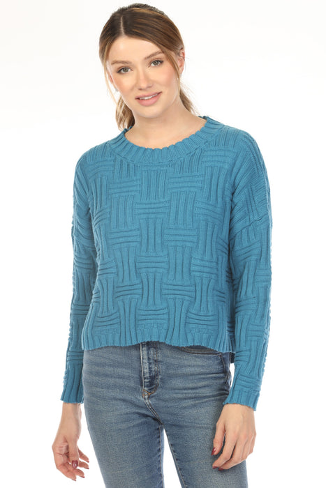 Woman wearing a blue sweater top with textured weave pattern and crew neck from Planet by Lauren G