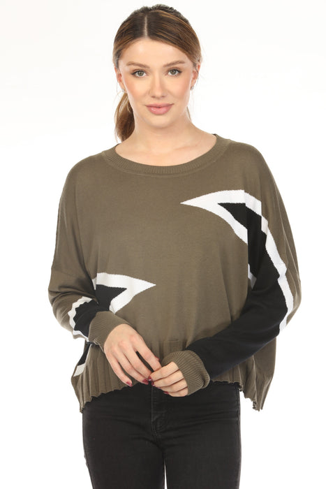 Woman wearing a green tri-color sweater top with triangle patterns and crew neck from Planet by Lauren G