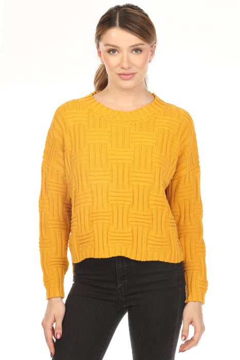 Woman wearing a yellow sweater top with textured weave pattern and crew neck from Planet by Lauren G