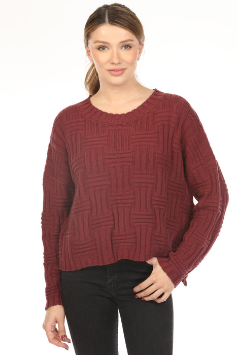 Woman wearing a maroon sweater top with textured weave pattern and crew neck from Planet by Lauren G