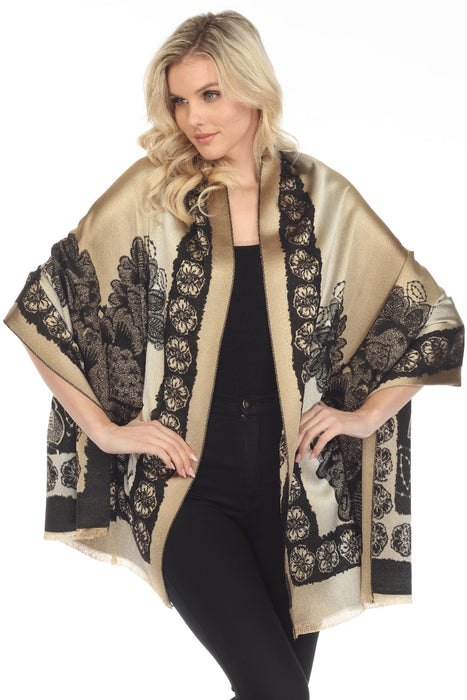 Private Label Designer Style SS23771 Black 100% Cashmere Floral Shawl Cover-Up