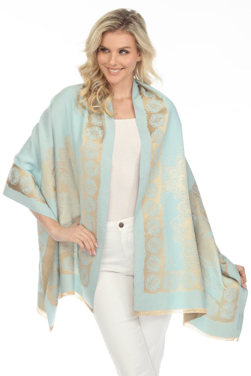 Private Label Designer Style SS23771 Blue 100% Cashmere Floral Shawl Cover-Up