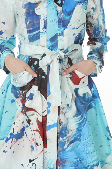 Samuel Dong Aqua Rusty Prints Bubble Coat Dress 11665