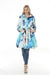 Women wearing Samuel Dong Aqua Rusty print bubble coat dress with statement collar, belt, and bubble hem