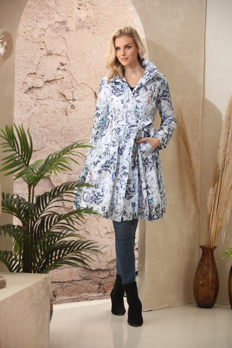 Samuel Dong Blue Loden Prints Bubble Coat Dress 11665