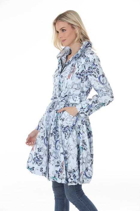 Samuel Dong Blue Loden Prints Bubble Coat Dress 11665