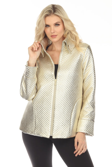 Samuel Dong Style F23024 Gold Metallic Textured Zip-Up Coat Jacket