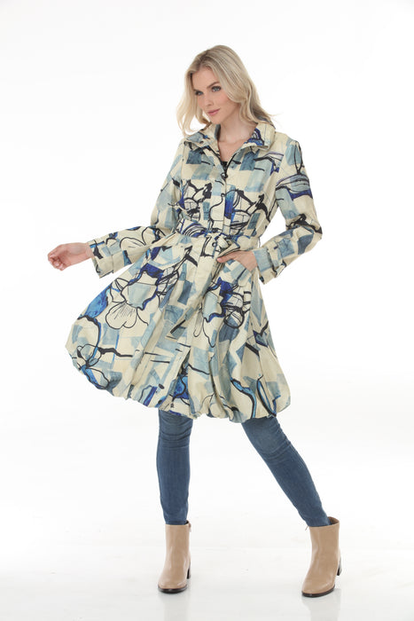 Samuel Dong Ivory Blue Prints Bubble Coat Dress 11665