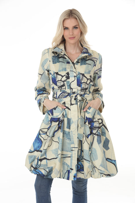 Samuel Dong Ivory Blue Prints Bubble Coat Dress 11665