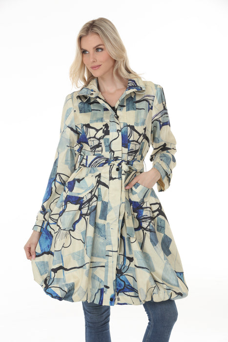 Samuel Dong Ivory Blue Prints Bubble Coat Dress 11665