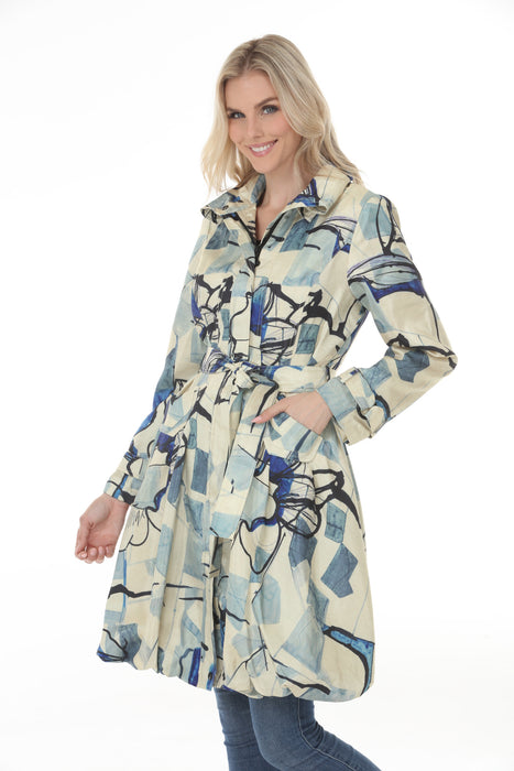 Samuel Dong Ivory Blue Prints Bubble Coat Dress 11665