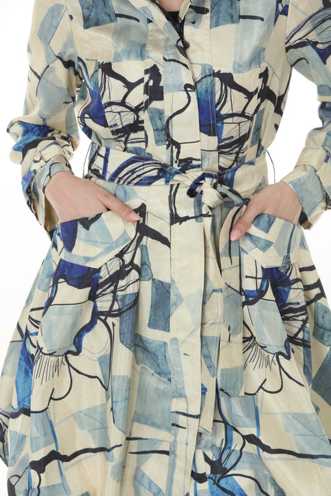 Samuel Dong Ivory Blue Prints Bubble Coat Dress 11665
