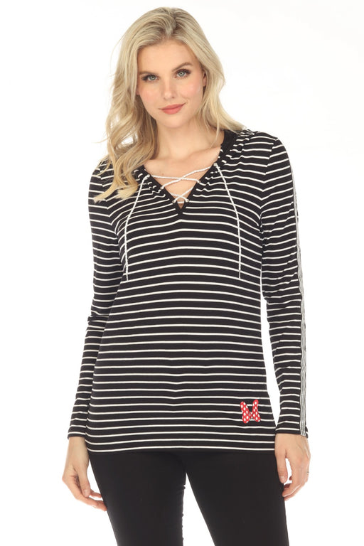 Tricotto Style C-133 Black/White Stripe Lace-Up V-Neck Knitted Hoodie Top