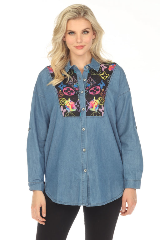 Tricotto Style 551 Denim Blue Embellished Printed Button-Down Tunic Top Shirt