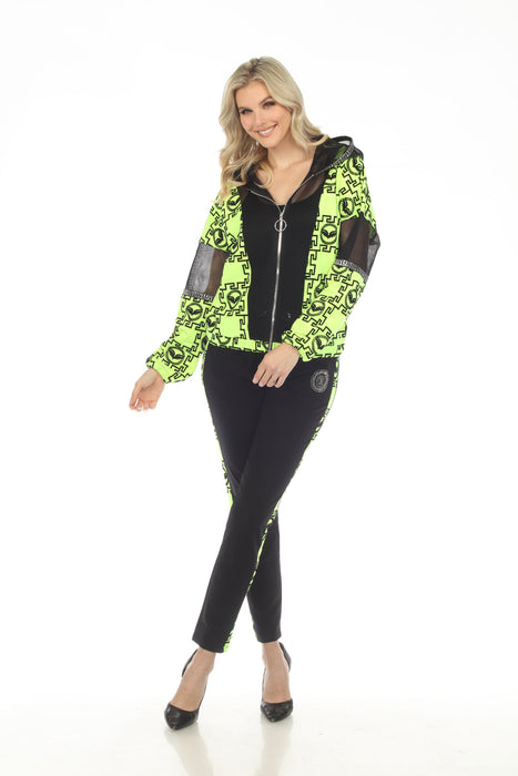 Tricotto Neon Yellow/Black Mesh Printed Zip-Up Hooded Jacket 520