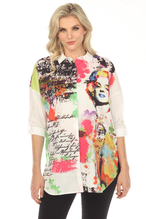 Tricotto Style 493 White/Multi Embellished Printed 3/4 Sleeve Tunic Top Blouse
