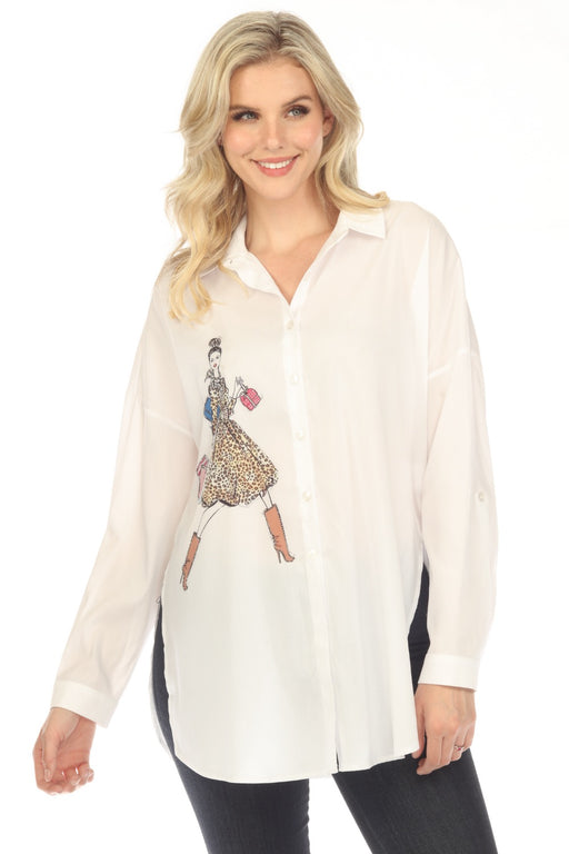 Tricotto Style 559 White/Multi Embellished Printed Button-Down Tunic Top Blouse