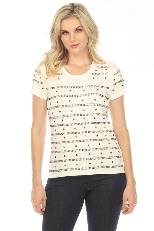Tricotto Style 458 White Studded Stars Stripes Short Sleeve T-Shirt Top