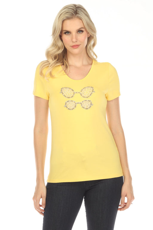 Tricotto Style C-462-462 Yellow Sunglass Embellished Short Sleeve T-Shirt Top