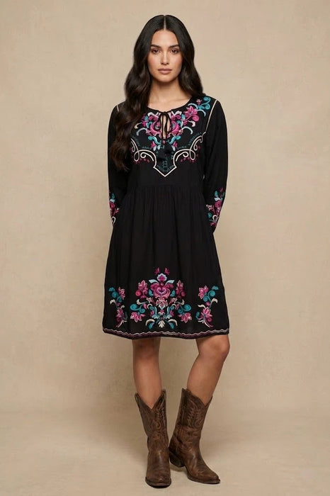 Johnny Was Black Tassel Front Embroidered Midi Dress W36925-8