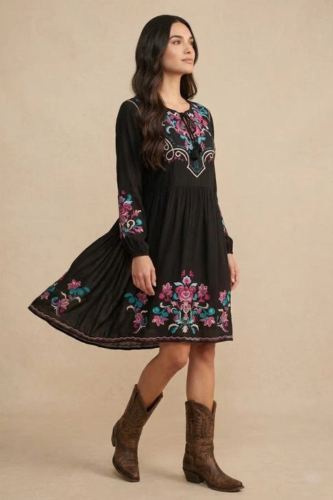 Johnny Was Black Tassel Front Embroidered Midi Dress W36925-8