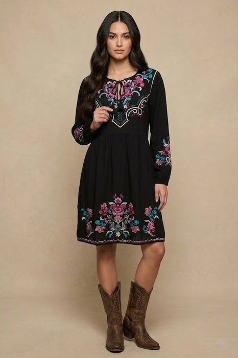 Johnny Was Black Tassel Front Embroidered Midi Dress W36925-8