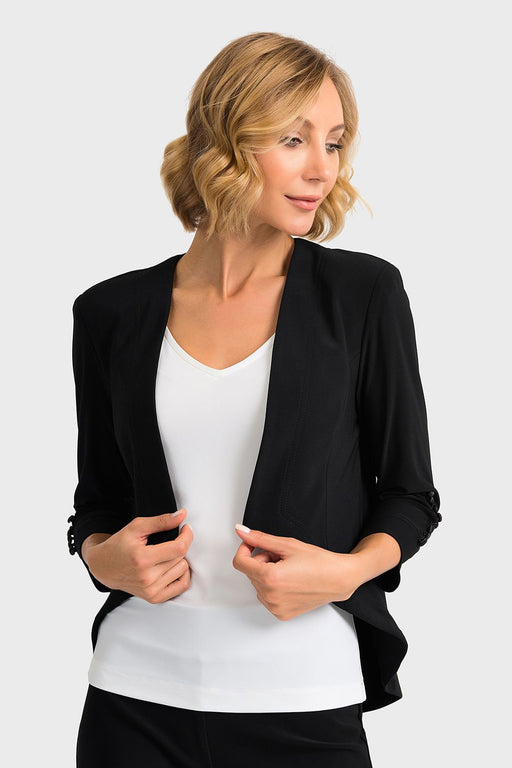 Joseph Ribkoff Style 161140 Black 3/4 Sleeve Open Front High-Low Hem Blazer Jacket