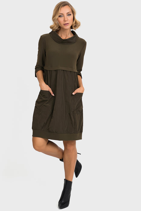 Joseph Ribkoff Style 173444 Safari Green Cowl Neck 3/4 Sleeve Tiered Dress