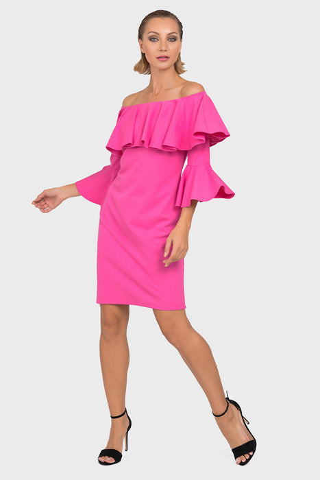 Joseph Ribkoff Style 192376 Neon Pink Ruffled Off-Shoulder Sheath Dress