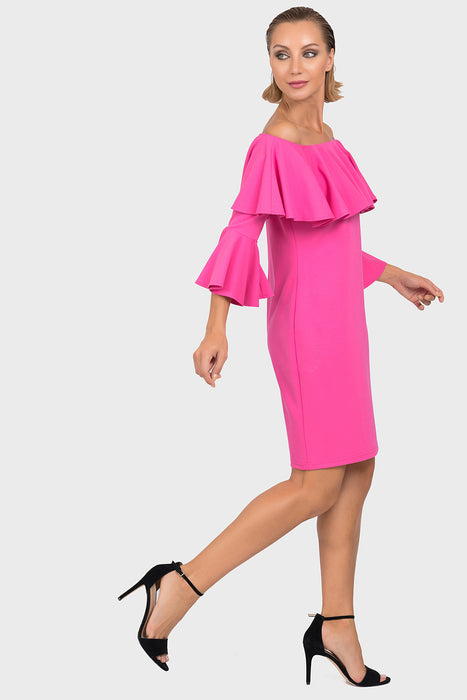 Joseph Ribkoff Neon Pink Ruffled Off-Shoulder Sheath Dress 192376 NEW
