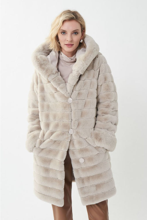 Joseph Ribkoff Style 214913 Champagne Reversible Faux Fur Hooded Long Sleeve Coat