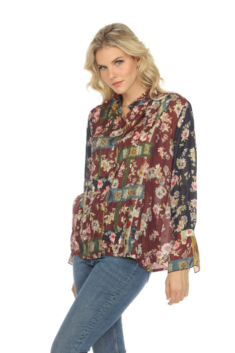 Johnny Was Style C15522A8 Laurie Milan Silk Floral Pintuck Blouse Boho Chic